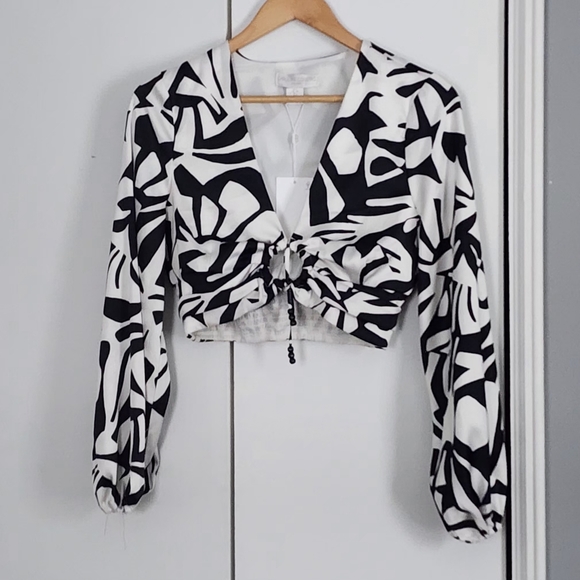 NWT Caroline Constas Black White Long Sleeve Satin Crop Blouse wide leg Pant set - Picture 2 of 4